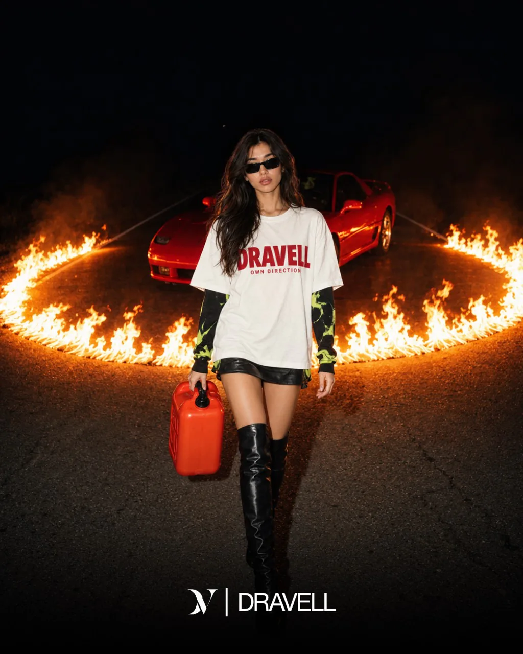 DRAVELL campaign photograph of a woman wearing a white branded T-shirt and black boots in front of a red car surrounded by flames at night.